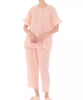 Пижама с рюшами, спереди марля, жаккардовый рукав реглан, розовая [Narue] Комплект, Пижамы, Женские, розовый
