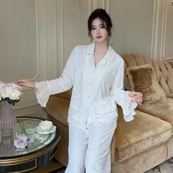 Pajama Set, New Velvet Shirt, Pajamas, Long-sleeved Horn Sleeves, Thin Velvet Loose Outerwear, Home Wear S розовый