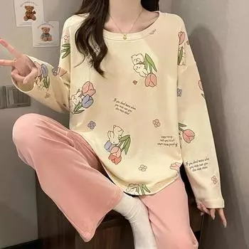 Пижамный комплект больших размеров, удобные брюки с длинными рукавами, домашняя одежда для студентов, комплект из двух предметов, пуловер с круглым вырезом и принтом M