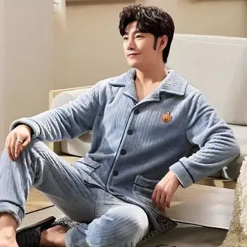 Пижамные комплекты Фланелевые пижамы Мужской зимний утепленный теплый костюм с длинными рукавами Свободная домашняя одежда Осенний кардиган L