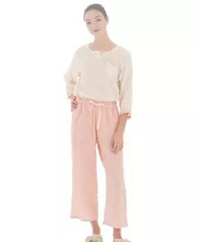 Пижамный комплект из двухслойной марлевой ткани с присборкой, однотонный двухцветный желтый [Narue], комплект, женский жёлтый