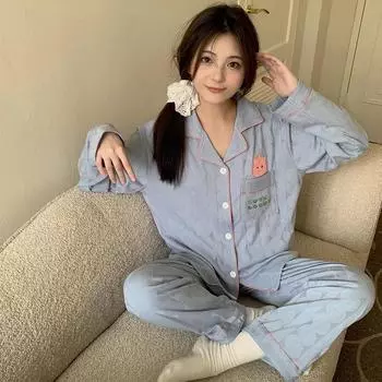 Pajamas Autumn Loose Cardigan Casual Lapel Long Sleeve Homewear Set Silk Women s Pajamas M синий