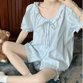 Pajamas Female Blue Plaid Small Fresh Doll Collar Homewear Senior Sense Short Sleeve Shorts Set Women s Loungewear Sleepwear M синий