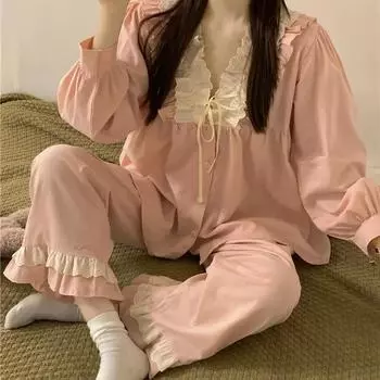Пижама для женщин на весну и осень, новая корейская версия, милый V-образный вырез, кружево, полностью из хлопка, с длинными рукавами, домашняя одежда, комплект из двух предметов S синий