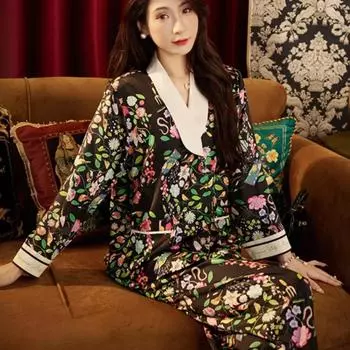 Пижама с растительным принтом Ice Silk, домашняя одежда для женщин, искусственный шелк M