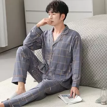 Pajamas Set for Men 2025 Spring and Autumn Printing Long-sleeve Trousers Cardigan Pyjamas Men s Pure Cotton Casual Loose Sleepwear Homewear Male L