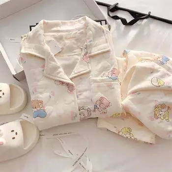 Пижамные комплекты женские в японском стиле ночная рубашка зимняя теплая стеганая трикотажная хлопковая пижама мягкая на пуговицах с длинными рукавами M