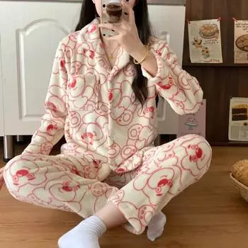 Pajamas, Warm Home Clothes, Cartoon Two-piece Pajama Pants Set, Cartoon Women s Pajamas M