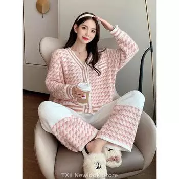 Pajamas Women s Autumn and Winter Sweet Fragrant Style Houndstooth Cardigan Elegant Soft Thickened Warm Knitted Home Clothes One Size синий