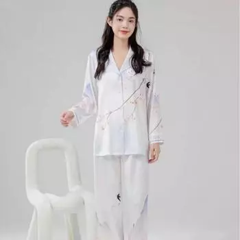 Пижама женская осенняя новинка поступление искусственный шелк Мори стиль ледяной шелковый костюм шелковый новый китайский стиль кардиган домашняя одежда M бежевый