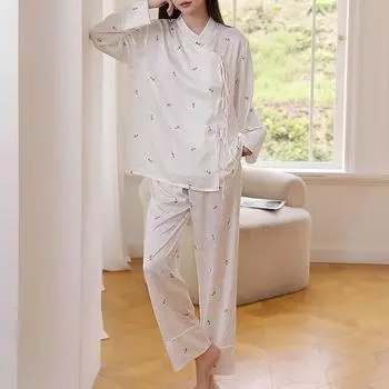 Пижама женская осенняя новая шелковая бамбуковая жаккардовая одежда из шелка и атласа новая китайская домашняя одежда высокого класса M