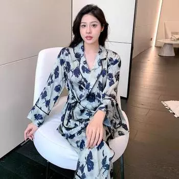 Pajamas Women s Spring and Autumn New Long-sleeved Ice Silk Thin Summer Loose High-end Sense Home Clothes Suit Outer Wear M