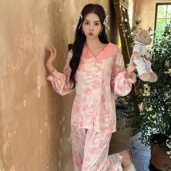 Пижама женская летняя новая из тонкого искусственного шелка с длинным рукавом, одежда для дома, весенне-осенний костюм S розовый