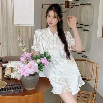 Пижамы женские летние новые шорты из ледяного шелка с короткими рукавами из двух частей новые винтажные простые домашние вещи S белый