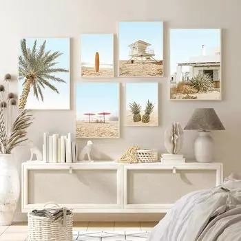 Пальма, ананас, доска для серфинга, пляжный пейзаж, настенные художественные постеры, крутой пейзажный принт, скандинавская живопись, декоративная картина, домашний декор 21*30cm