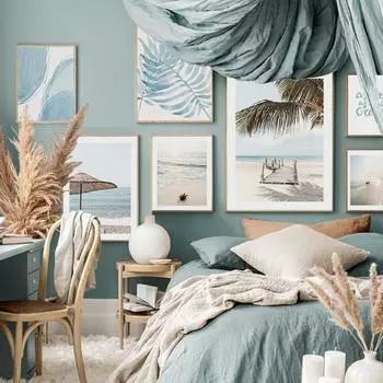 Пальма, пляж, настенные художественные постеры и принт, мост для серфинга, морская черепаха, зонтик, холст, картина, скандинавские картины для декора гостиной 21x30cm No Frame