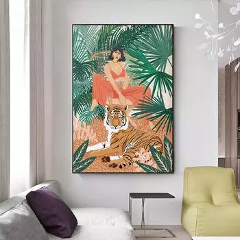 Пальмовый тигр, женская картина, печать на холсте, настенный художественный постер, изображение диких животных в тропических джунглях для гостиной, домашний декор, Cuadros 21x30cm No Framed