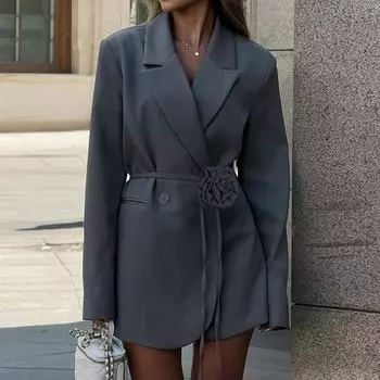 Пальто-блейзер с цветочным поясом, женская уличная мода, свободные карманы, длинные рукава, куртки, осень-зима, повседневные пригородные пиджаки, женские темпераментные пальто S чёрный