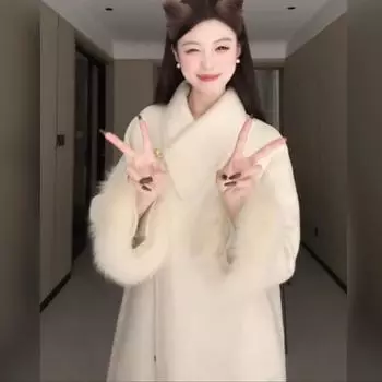 Пальто большого размера для дочери в стиле знаменитости с манжетами из искусственного меха лисы, женственное, темпераментное, с отворотами, шерстяное, на осень и зиму S recommends 80-47.5 kg