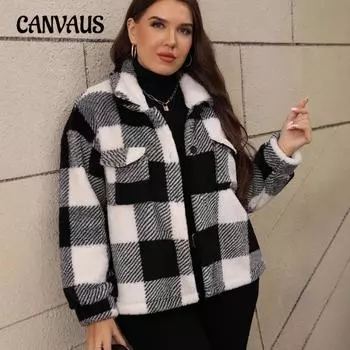 Пальто большого размера для женщин большого размера с двусторонним клетчатым узором и однобортным лацканом 0XL