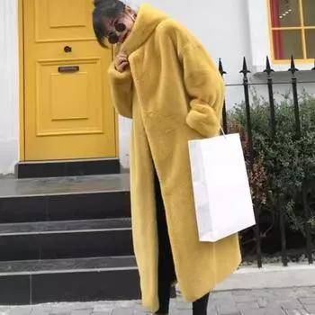 Пальто большого размера с капюшоном из искусственного меха, зимняя куртка для женщин, модная длинная парка, толстое теплое зимнее пальто для женщин, женские свободные куртки из искусственного меха XS жёлтый