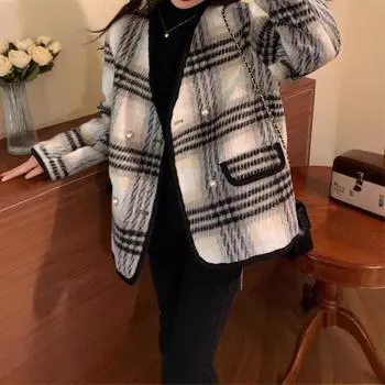 Пальто большого размера высокого класса с ароматом в клетку женская одежда осень 2024 новый топ толстый мм красное шерстяное пальто S