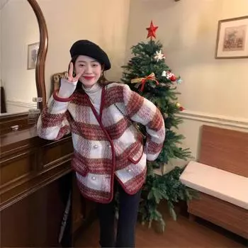 Пальто большого размера высокого класса с ароматом в клетку женская одежда осень 2024 новый топ толстый мм красное шерстяное пальто S красный