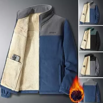 Пальто Цветных блоков Толстые плюшевые внутренние карманы Длинный рукав Воротник-стойка Защита шеи Теплый толстый L синий