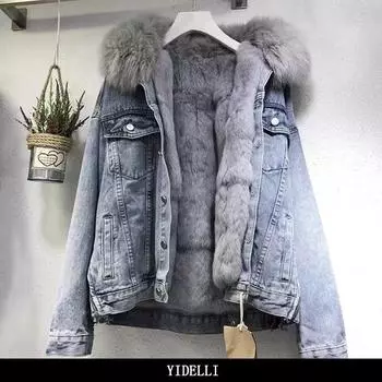 Пальто для девочек 2XL, хлопковое пальто, зимнее новое бархатное короткое хлопковое пальто, свободное корейское джинсовое пальто с меховым воротником, утолщенное теплое пальто S