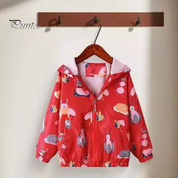 Пальто для девочек, детский плащ с капюшоном и длинными рукавами, с эластичными манжетами, солнцезащитная ветрозащитная куртка на молнии 100cm красный/белый