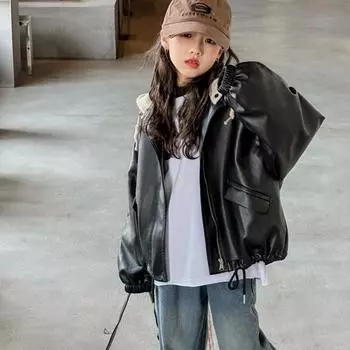 Пальто для девочек на осень и зиму, новый стиль, средний размер, детская свободная весенне-осенняя кожаная куртка в стиле вестерн, универсальный байкерский костюм с капюшоном для девочек 120 чёрный