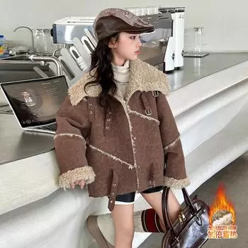 Пальто для девочек осень 2024 года новое иностранное детское зимнее бархатное утолщенное меховое детское меховое интегрированное верхнее пальто 120cm