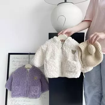 Пальто для девочек осень и зима 2024 г. Новое детское утепленное зимнее пальто с флисовой подкладкой в стиле вестерн для малышей Теплая одежда из овечьей шерсти 66 фиолетовый