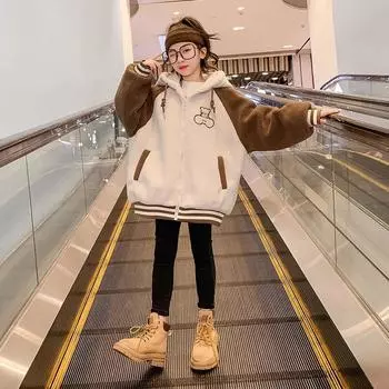 Пальто для девочек осень-зима 2024 года, новое зарубежное модное детское хлопковое утолщенное зимнее пальто из ягненка 110cm