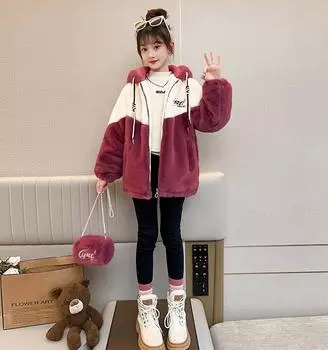 Пальто для девочек осень-зима 2024 новый плюшевый свитер детский зимний для девочек старшего возраста утолщенная плюшевая зимняя одежда 120cm бордовый