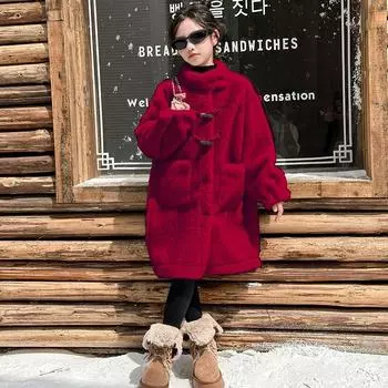 Пальто для девочек осень-зима утолщенный мех 2024 новая одежда для детей старшего возраста женская детская зимняя шерстяная кофта длинное пальто 120 абрикосовый