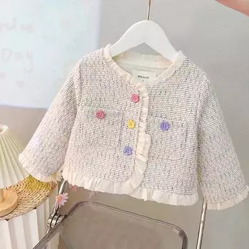 Пальто для девочек, осенние новые детские однобортные куртки с круглым вырезом и длинными рукавами, модные свободные кружевные куртки 80 бежевый