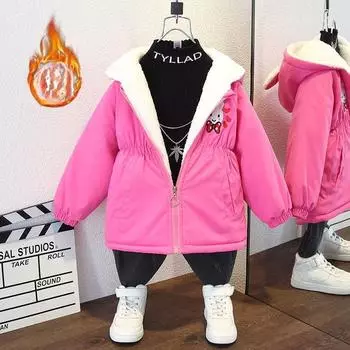 Пальто для девочек плюс бархат теплая осенне-зимняя детская куртка ветровка с капюшоном детская верхняя одежда одежда 140cm розовый