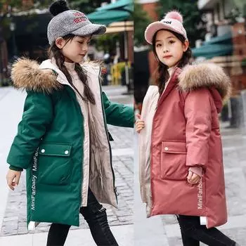 Пальто для девочек-подростков, теплые зимние куртки для девочек, модные длинные парки с меховым воротником и капюшоном, зимний комбинезон, новая детская одежда 120cm хаки/красный