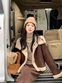 Пальто для девочки, шерсть ягненка, молочный жужжащий дизайн, мех с обеих сторон, верх из экологически чистого искусственного меха S слюда