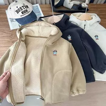 Пальто для мальчиков из флиса для подростков, детский осенне-зимний свободный кардиган с капюшоном, модный однотонный спортивный топ для мальчиков 100cm