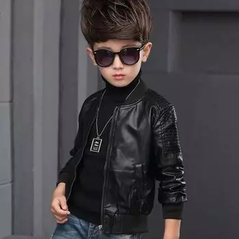 Пальто для мальчиков, кожаные куртки, детская модная верхняя одежда, детская кожаная куртка с красивым бейсбольным воротником 150cm чёрный