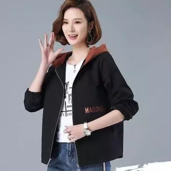 Пальто для мам с вышитыми буквами, короткая свободная женская куртка с капюшоном, новая весенне-осенняя универсальная короткая куртка большого размера для повседневного ношения M чёрный