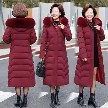 Пальто для мам, стеганая куртка, зимняя, новая, для среднего и пожилого возраста, длинная, с подкладкой на коленях, женская, большого размера, утолщенная, теплая, пуховая куртка XL 80-45 kg