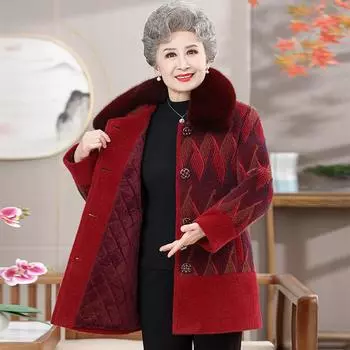 Пальто для пожилых женщин, теплая норковая шуба из искусственного меха, ворсистая, утолщенная, зимняя женская одежда для бабушек XL (recommended 47.5kg-55kg)