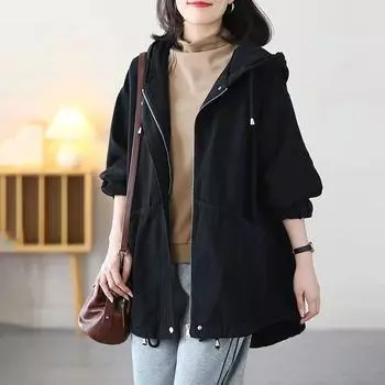 Пальто для женщин больших размеров, осенняя свободная повседневная куртка с капюшоном и большим карманом, универсальная тонкая ветровка на молнии с длинными рукавами L дубильная кора