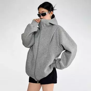 Пальто для женщин хлопок плюш осень зима утолщенный флисовый свитшот свободного покроя на молнии с капюшоном куртка M чёрный