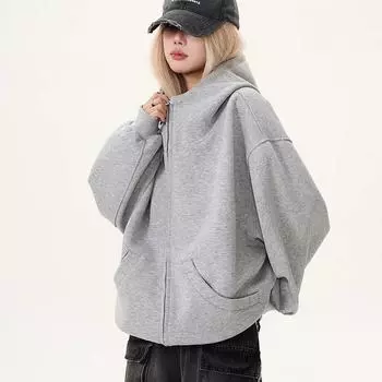 Пальто для женщин из хлопка и плюша на осень-зиму, утолщенная толстовка большого размера, повседневная куртка с капюшоном на молнии M серый
