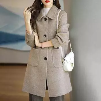 Пальто для женщин осеннее и зимнее утепленное пальто средней длины, свободное повседневное удобное пальто L дубильная кора