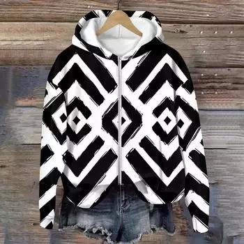 Пальто для женщин с длинным рукавом на молнии с принтом Верхняя одежда повседневные куртки L чёрный